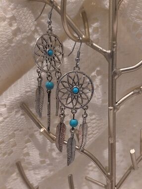 Vtg Silver Dreamcatcher Dangle Earrings - Turquoise Bead & Feather Detail